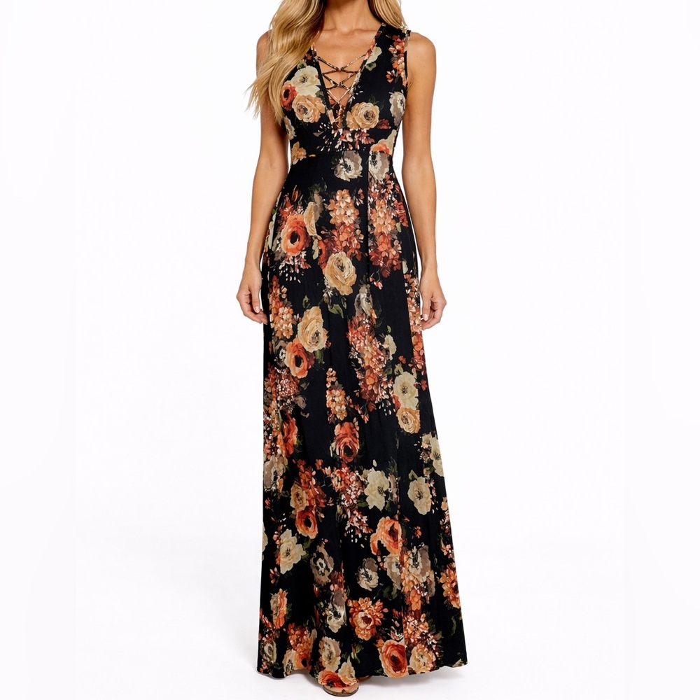 Beware Black Dark Floral Sleeveless Maxi Dress Size Medium Crisscross Front